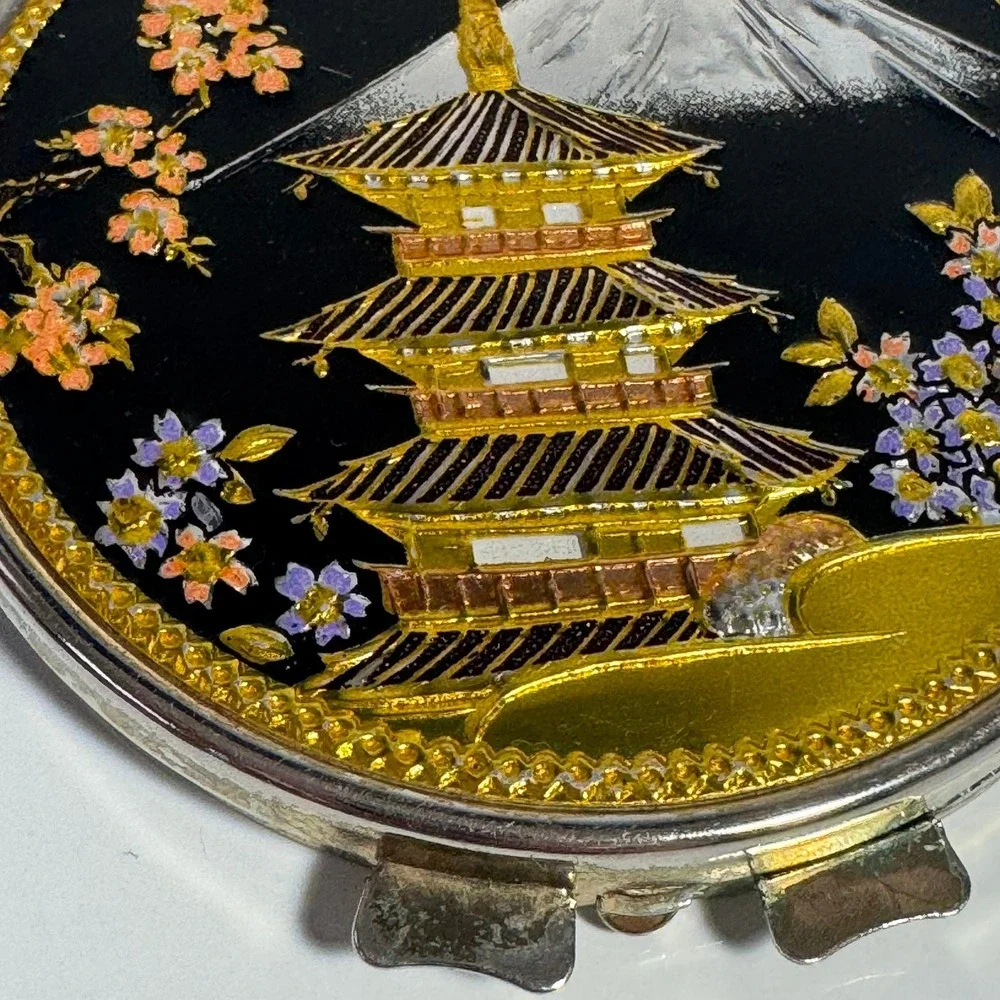 Vintage Japanese Pagoda Mount Fuji Cherry Blossom Round Compact Mirror Used‎